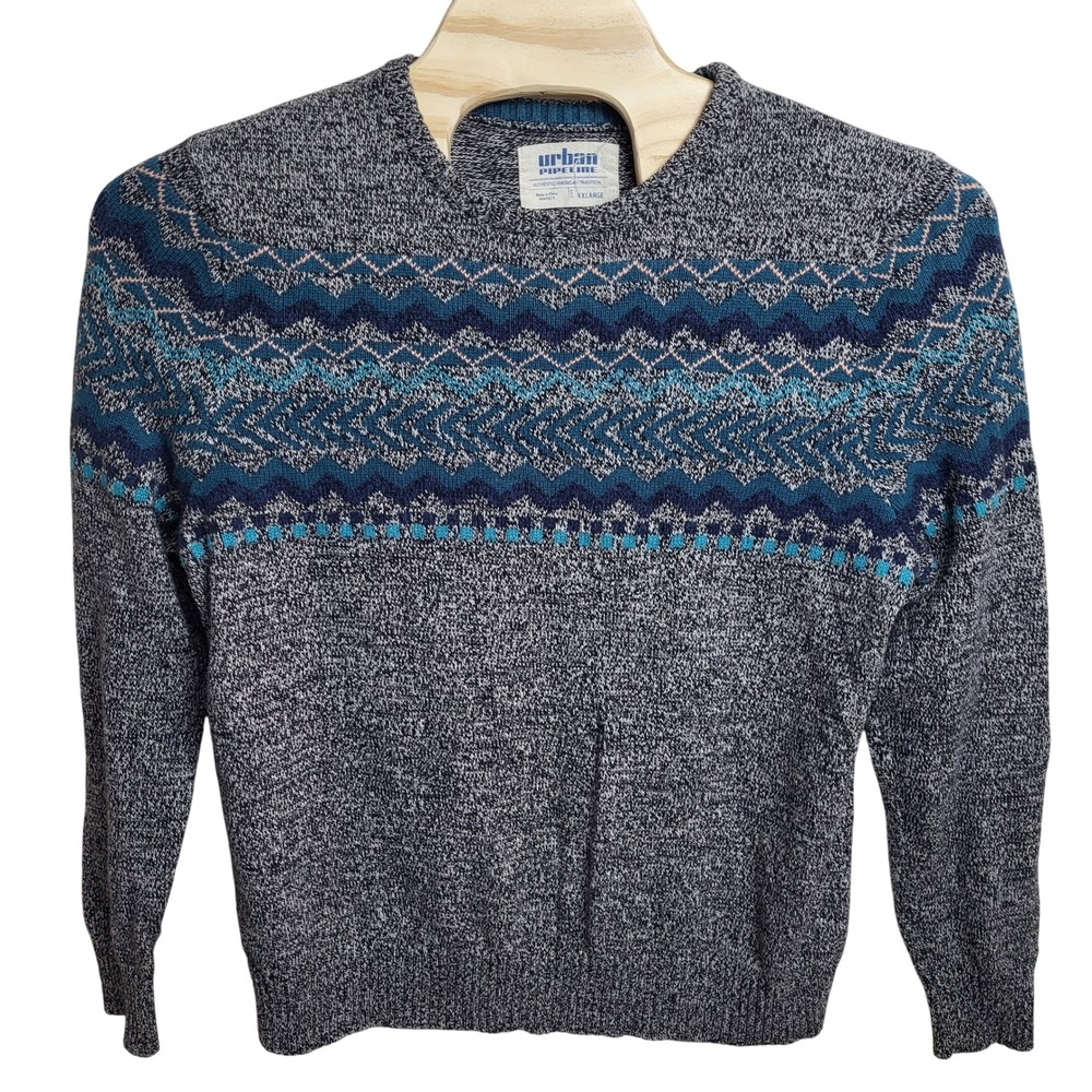 Urban Pipeline Men's XXL Fair Isle Pattern Knit Sweater Blue Gray Long Sleeve